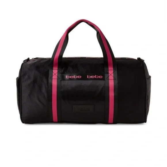 BEBE Sport Hot Pink & Black Satin Large Duffle Weekender Gym Bag Shoulder Strap - Picture 2 of 7